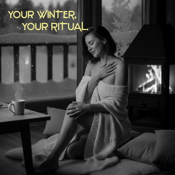 Eine Frau sitzt in einer warm beleuchteten Winterhütte auf einem Kissenboden vor einem Kaminfeuer.