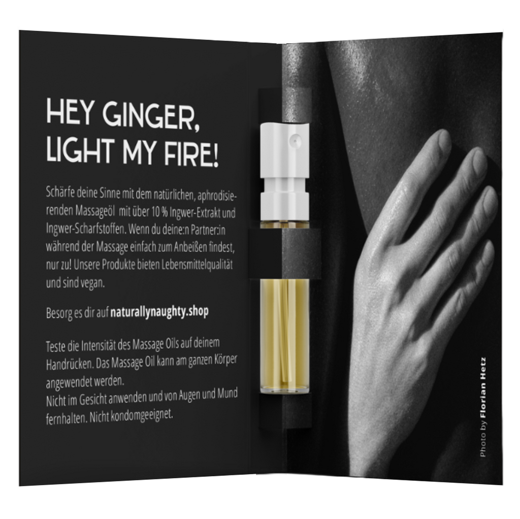 Sprühflasche mit Ingwer-Massageöl: Natürlich, aphrodisierend, mit 10 % Ingwer-Extrakt. Vegan und in Lebensmittelqualität.